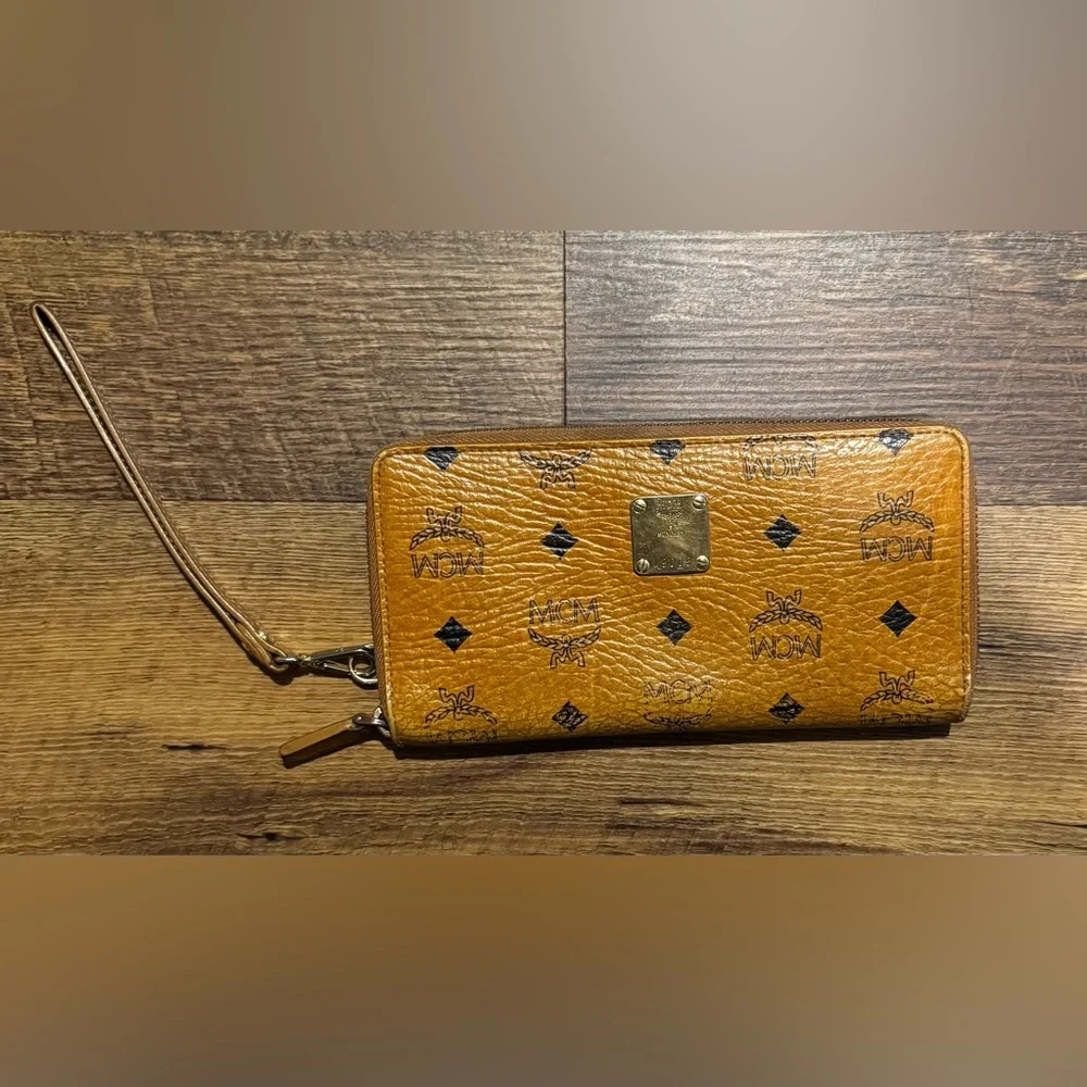 MCM Cognac Leather Long Zippy Organizer/Wallet with Wristlet Strap
